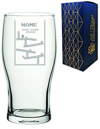 Personalised Engraved Pint Glass with Name Retro Arcade Game, Gift Boxed, Personalise with Any Name for Any Gamer