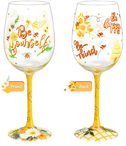 NymphFable Bee Gifts Hand Painted Wine Glass Be Yourself Daisy Decorative Wine Glasses Birthday Gift for Women, 15oz