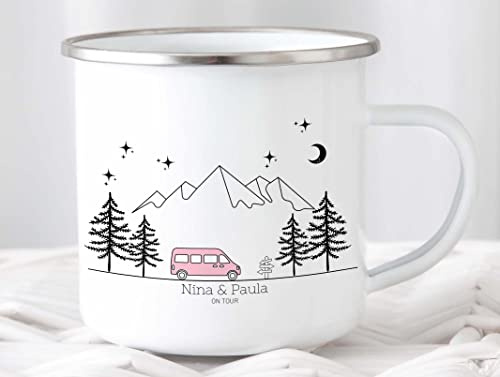 Little Mathilda Emaille Tasse bunter Camper Van Camping personalisierte Campingtasse mit Namen Kaffeetasse Zubehör Wohnwagen Edelstahl Becher Geschenk für Camper (Campingvan rosa)