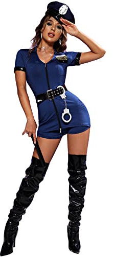Costume de policier pour femme - Combinaison sexy d'Halloween avec accessoires - Costume d'officier de police - Costume de cosplay 5 pièces