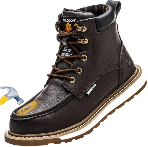 KELODON Waterproof Steel Toe Boots For Men-6 Leather Moc Toe Work Boots Mens Steel Toe Shoes Indestructible Non Slip Resistant Construction Safety Boot,Dark Brown,size 11 Men
