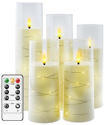 kakoya Flameless LED Candles with Timer 5 Pc Flickering Flameless Candles for Romantic Ambiance and Home Decoration Stable Acrylic Shell,with Embedded Star String，Battery Operated Candles（Ivory）