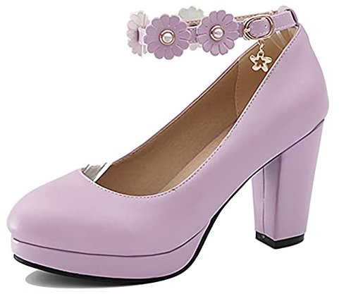 Décolleté con Tacco Largo da Donna, Pompe al Tallone Alto Punta Rotonda Fibbia Scarpe da Festa con Plateau con Cinturino alla Caviglia con Fioris Moda Xjanoc Viola Numero 33 EU