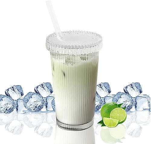 FZQBEY Glas Wasserbecher mit Deckel und Strohhalm, Kristallstreifen Glasbecher Saftflaschen Set, Trinkglas, Kaffee gläser, Blasen Teetassen, Saftglas, Milchtrinkbecher, Reisebecher, 375 ml (B)