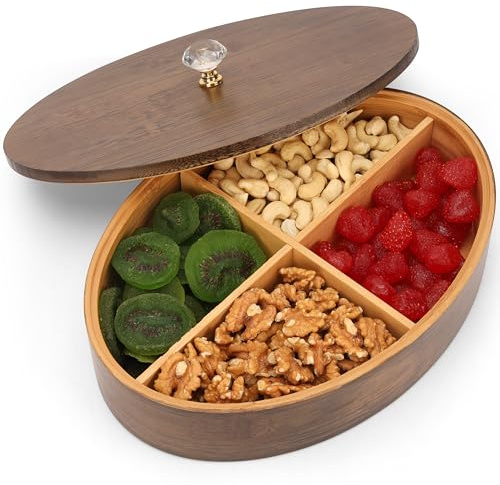 Belle Vous Runde Serviertablett aus Holz mit Deckel - Dekorative Aufbewahrungsbox mit 4 Fächern & Deckel - 29 cm - Mehrzweck-Teebox Holz Aufbewahrung für Andenken, Schmuck, Bastelbedarf & Teebeutel