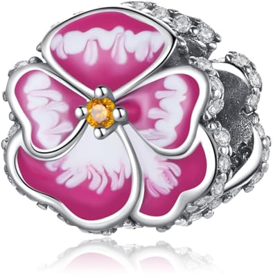 Rimgoris 925 Sterling Silber Charm für Frauen Armbänder Halskette Vierblättriger Klee Kuhhuf Stiefmütterchen Blume Violett Blütenblatt Clips Familie Baum Bunte Edelsteine Dangle Charm Geschenk