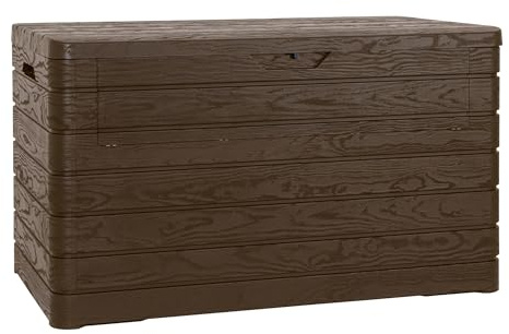 Toomax Dolomiti baule da 970L, portattrezzi 146x82x85h cm, effetto legno colore marrone, in plastica robusta, resistente ai raggi UV, dotato di foro per lucchetto, per esterni