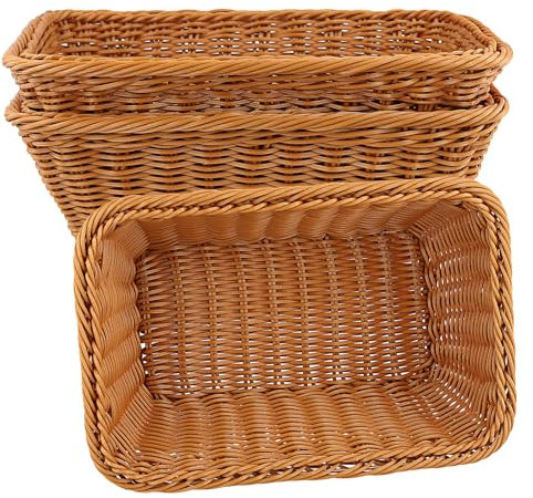 JEUIHAU 3 Pack Rectangular Wicker Bread Baskets, 30 x 20 x 10cm Poly Wicker Serving Basket for Fruit, Vegetable