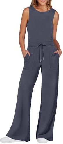 RMBLYfeiye Latzhose Damen Jeans Sommer Jumpsuit Outfit Hochzeitsgast Einfarbiges Rundhals Ärmelloser Lang Tunnelzug Overall Mit Taschen Festlich