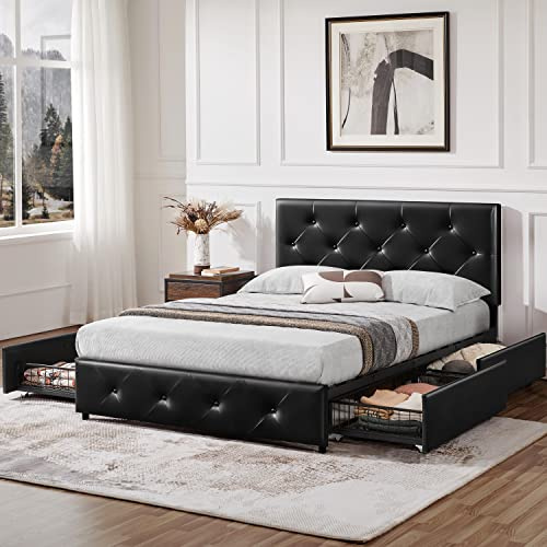 Yaheetech Sängklädsel, sängram 140 x 200 cm, sängram, dubbelsäng med ribbotten, dubbelsäng med höjdjusterbar sänggavel tygsäng, förvaringsutrymme under sängen, gästsäng för sovrum, svart