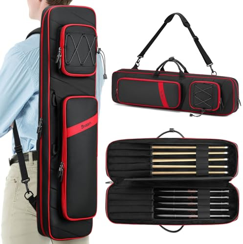 BOSSTIN Pool Cue Case, Pool Stick Bag 5x5 with Multiple Pockets Holds 5 Butts 5 Shafts, Soft Padded Billiard Cue Backpack with Adjustable Shoulder Straps for Easy Carry, Red