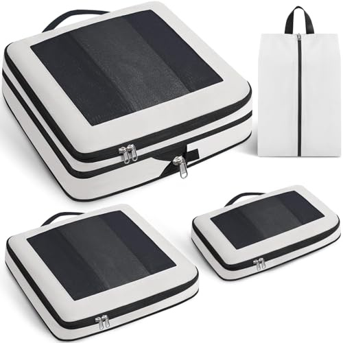 Prezon Cubi da viaggio grandi e compressibili, design aperto e visibile, organizer espandibile con sacca per scarpe. 4 set leggeri per valigie, zaini, vacanze e campeggio, Crema
