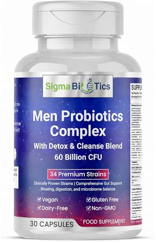 60 Billion CFU Probiotics for Men – Probiotic Supplement with 34 Strains, Prebiotics, Digestive Enzymes & Detox Cleanse Blend for Gut Health,Lactobacillus & Bifidobacterium, Vegan Capsules (30 Count)