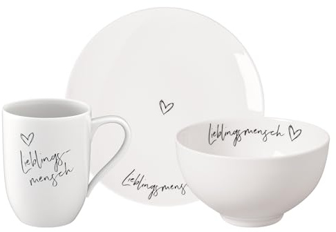 Villeroy & Boch Statement Frühstücks-Set 3-teilig | Lieblingsmensch | Geschirr-Set für eine Person: Henkelbecher (290 ml), Frühstücksteller (21 cm) und Müslischale (14 cm) | Premium Porzellan | Weiß