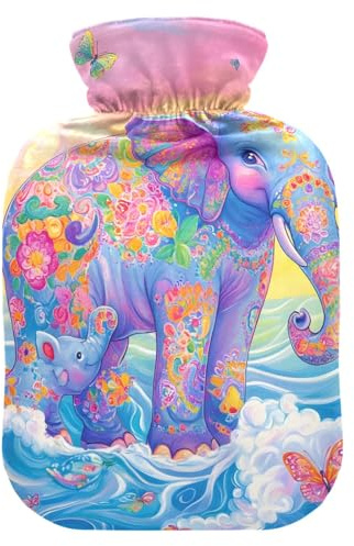 Colorful Elephants Butterflies Waves Hot Water Bottle with Soft Cover Feet Warmer with Soft Cover Warm Water Heat Bottles for Menstrual Cramps Pain Relief, 2 Liters