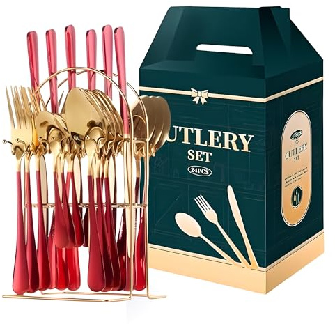 FATASH Cutlery Set with Stand (Red Gold, 24 Piece) Stainless Steel Cutlery Set for 6 People, Dishwasher Safe Mirror Polished Knives, Forks, Spoons & Teaspoons with Hanging Organiser - Gift Box