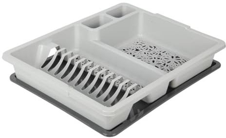 Jolie Max Large Plastic Dish Drainer Rack with Removable Drip Tray – Compact Kitchen Counter Rack with Cutlery Holders, Holds Up to 12 Plates, (46 x 36 x 8.5 cm) (LIGHT GREY)