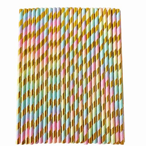 YAOSHENG [100 Pack] Pastel Paper Straws Disposable, 100% Biodegradable Multi-Pattern Party Straws For Birthday, Wedding and Holiday Decoration (Seven Colors)