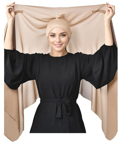 HURESON Instant Chiffon Hijab Set 3-in-1 Hijabs Scarf with Built-in Magnets and Undercap Head Wraps with Modal Cap (Almond 14#)