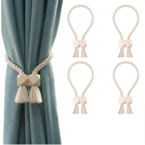 YUNYU 4 unidades de alzapaños premium para cortinas con cuerda de algodón y diseño ajustable, sin agujeros, para decoración de cortinas en el hogar, oficina