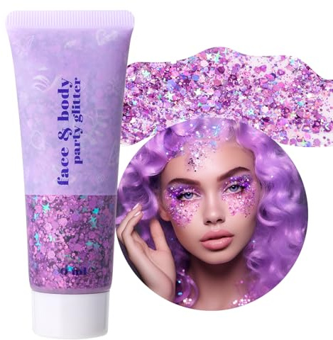 Prreal Gold Body Glitter Gel 50ml, Paillettes De Visage,Body Gel Paillettes | Shimmer Liquide Fard À Paupières, Paillettes Chunky Visage Cheveux Ongles, Holographique Festival Glitter, Deep Purple