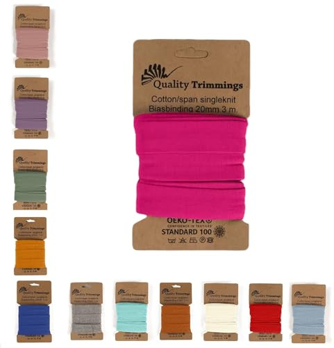 Die Stofftante Jersey Schrägband | vorgefalztes, elastisches Einfassband | aus Baumwoll-Jersey | Coupons á 3 Meter x 20mm (Fuchsia)