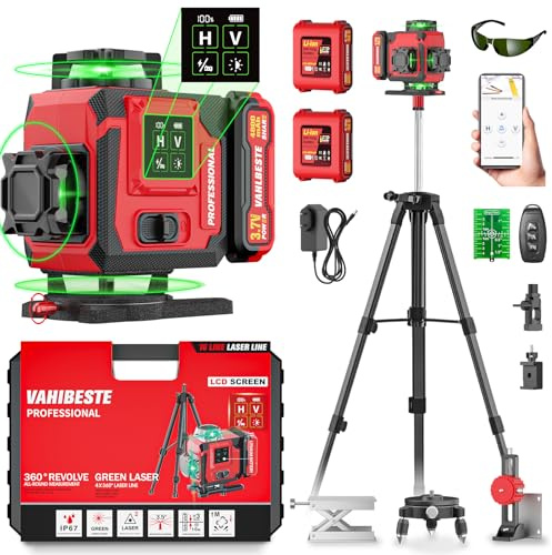 Vahlbeste Niveau Laser avec Trepied, 4D 16 Lignes Laser Chantier avec 2x4800mAh Batterie/Grand écran LED, Niveau Laser 360 Autonivelant/APP/Télécommande/IP54 pour la Construction