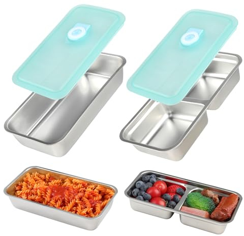 komforbaa Confezione da 2 contenitori per snack in acciaio inox 304 per alimenti, 1 e 2 scomparti, riutilizzabili, con coperchio, portatili, per viaggi, campeggio, scuola, regali per gli appassionati