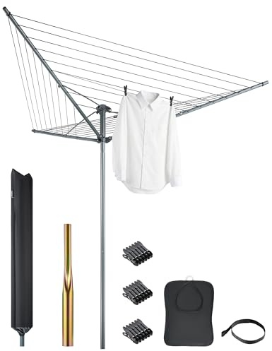 VonHaus 30m Rotary Washing Line – 3 Arm Outdoor Clothes Airer with Collapsible Umbrella System, 360° Rotary Airer, Line Tension Adjustment, 35mm Metal Ground Spike, Non-Slip Clothesline, Weatherproof