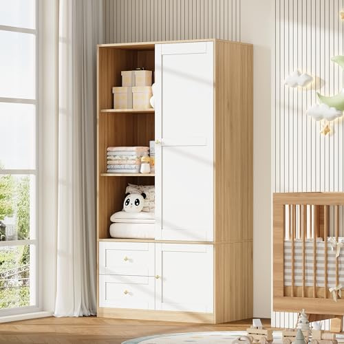 VIEKOS Armario de puerta corredera con barra y cajones, color blanco y madera, 90 x 50 x 180 cm, natural+blanco