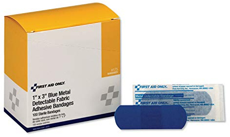 First Aid Only Adhesive Blue Metal Detectable Bandages, 1 X 3, Plastic with Foil, 100/box, 12 Boxes/Carton