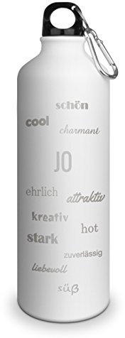 Trinkflasche mit Namen Jo - graviert mit Positive Eigenschaften, Aluminiumflasche mit Gravur, Sportflasche - matt weiß