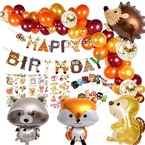 Animal Birthday Party Decorations, Woodland Happy Birthday Banner Hedgehog, Squirrel, Fox, Raccoon Animal Balloon Garland & Arch Kit for Boy Girl Baby Shower Birthday Supplie