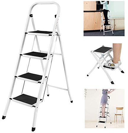 Huini Tritthocker 4 Stufen Trittleiter Stahl Klapptritt Haushaltstritt Stehleiter Klappbar Stehleiter bis 150 kg für Zuhause/Küche/Büro