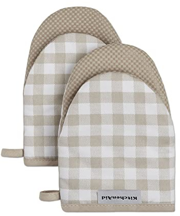KitchenAid Gingham Mini Oven Mitt 2-Pack Set, Milkshake Tan, 5.5x8