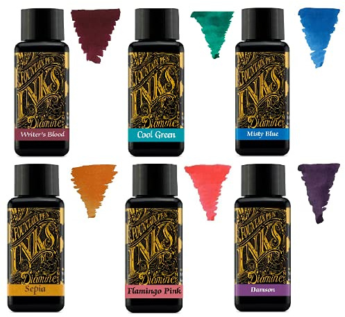 Diamine - 30 ml Füllfederhalter-Tinte – Farbrad – 6 x Flaschen – Writers Blood, Cool Green, Misty Blue, Sepia, Flamingo Pink, Damson