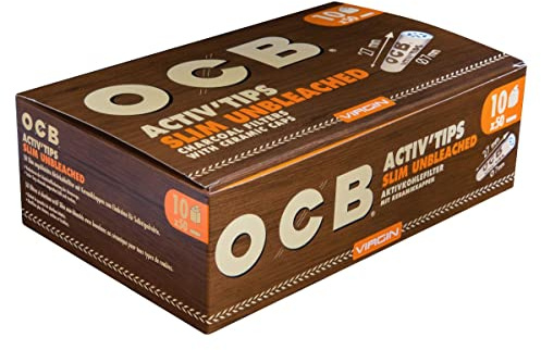 OCB 19823 ActivTips Slim Unbleached-7 mm-Virgin-Aktivkohlefilter mit Keramikkappen-10 x 50 500 Stück, Papier, Mittel, Braun