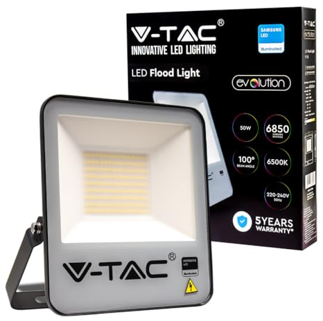 V-TAC Faro LED da Esterno 50W con Chip Samsung - [SERIE EVOLUTION] - Alta Efficienza Luminosa - IP65-6850 Lumen - Proiettore LED Esterno Nero - Impermeabile - Luce 6500K Bianco Freddo