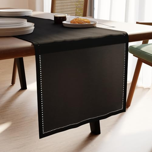Encasa XO Tischläufer | Reine Baumwolle mit Hohlsaumdesign | Größe 32x150 cm | Schwarz - Maschinenwaschbar | Schwarz, 180 GSM | Maschinenwaschbar | Strapazierfähig | Esstisch & Outdoor | Rechteckig