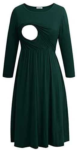 Smallshow Vestidos de Lactancia Vestido de Lactancia Materna de Manga 3/4 para Mujeres Deep Green L