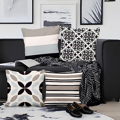 Aoihrraan Kuddöverdrag set med 4, geometrisk blomma prydnadskudde överdrag blå svart blommig rand mjuk kort plysch fyrkantigt örngott för soffa sovrum bilstol heminredning 56 cm x 55 cm