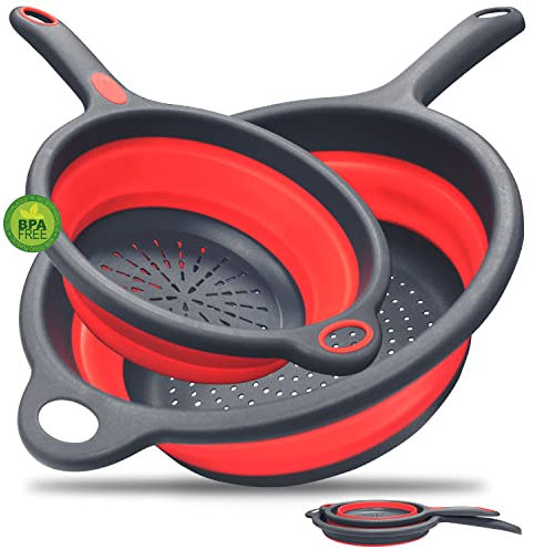 Walfos Silicone Pasta Colander - Collapsible Colander with Handle Set, Set of 2, Space-Saving Kitchen Strainers, 1.5 Quart, 2 Quart, BPA Free ＆ Dishwasher Safe, for Pasta, Vegetables, Fruits (Red)