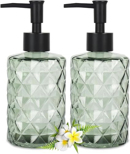 2 Glas Seifenspender Grün, 330ml/11oz Flüssigseifenspender mit Kunststoff Pumpkopf, Nachfüllbarer Handseifenspender für Küche Badezimmer, Schaumseifenspender, Spülmittelspender, Shampoo Flaschen