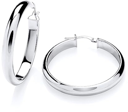 Old English Jewellers Sterling Silver Chunky Plain Hoop Creole Earrings - 35mm Diameter - 925 Silver