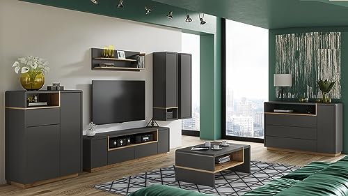 Design Couchtisch Wandregal Schrank Kommode Fernsehtisch Folk Set Wohnzimmer TV Tisch, Farbe:Eiche Artisan - Anthrazit matt