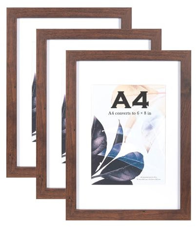 Cornice in Legno di Noce A4 Con Supporto, Set di 3 - Per Poster e Certificati, Autoportante e Montaggio a Parete