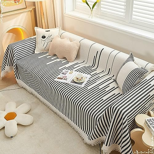 Mesnt Couchbezug für Hunde, Chenille Sofaschoner Überwurfdecke Sofaschutz für Katze/Hunde mit Unregelmäßige Streifen mit Quaste Schwarz, 180x230CM