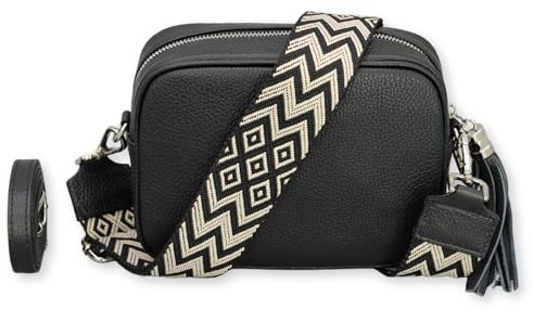 Brise Art KIRA Silber Umhängetasche Echtleder Handgefertigt Crossbody Bag | Damen Schultertasche mit Ledergurt & wahlweise gemustertem Riemen, Echtes Leder, 2 Fächer, Made in Italy