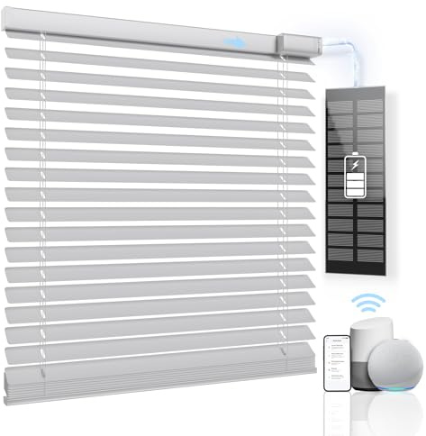 Hapadif Motorized Blinds with Remote Control, Aluminum Waterproof and Oil-Resistant Cordless Automatic Blinds, 【Solar Panels】 Energy-Saving Electric Blind, White 34 Wx64 H