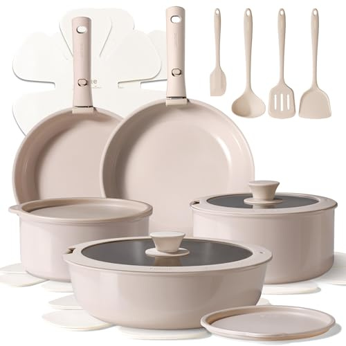 CAROTE 17pcs Pots and Pans Set, Ceramic Cookware Set Detachable Handle, Induction Nonstick Kitchen Sets with Removable Non Stick RV Oven Safe Taupe,(C07787)